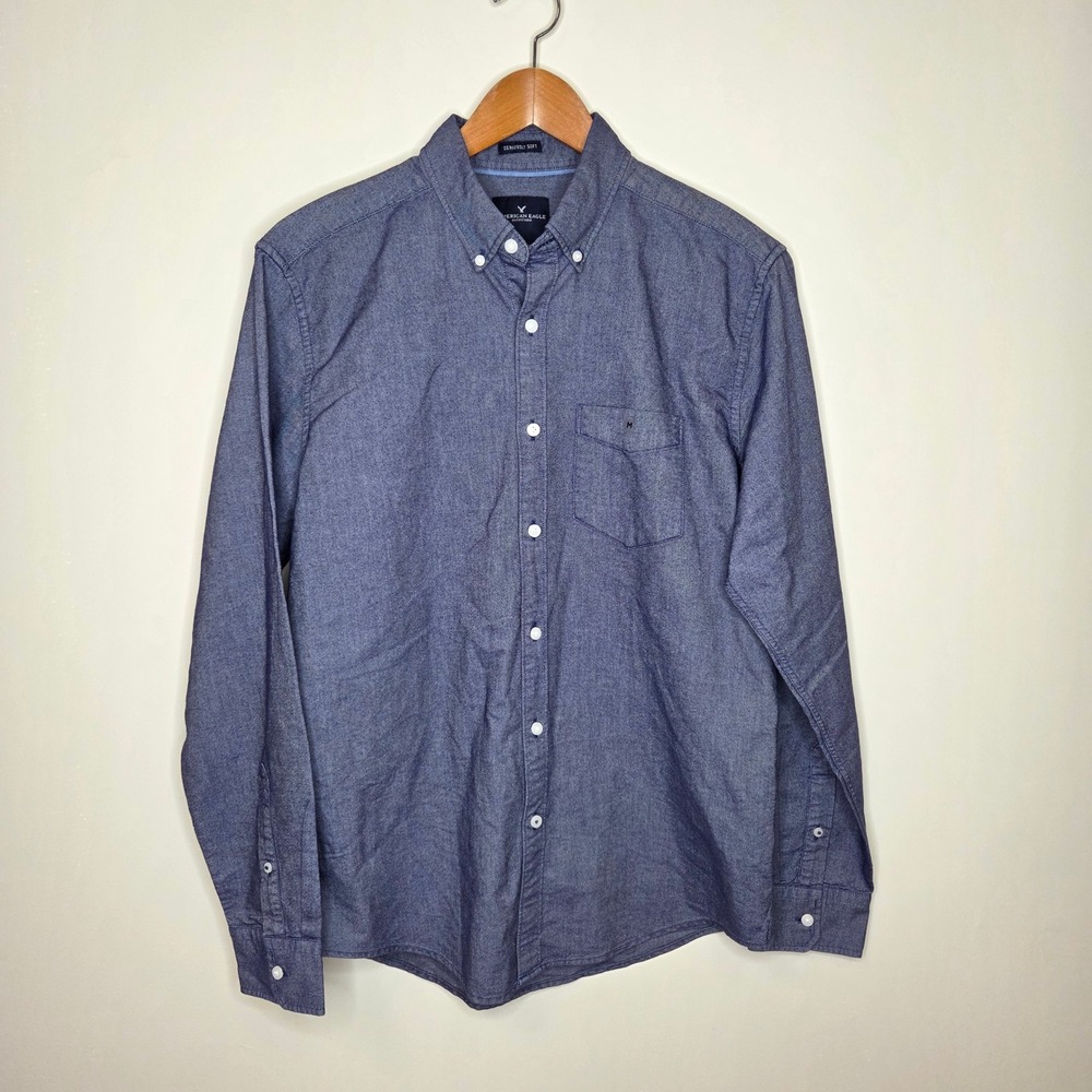 American Eagle Mens Blue Seriously Soft Button Down Shirt Medium Long Sleeve